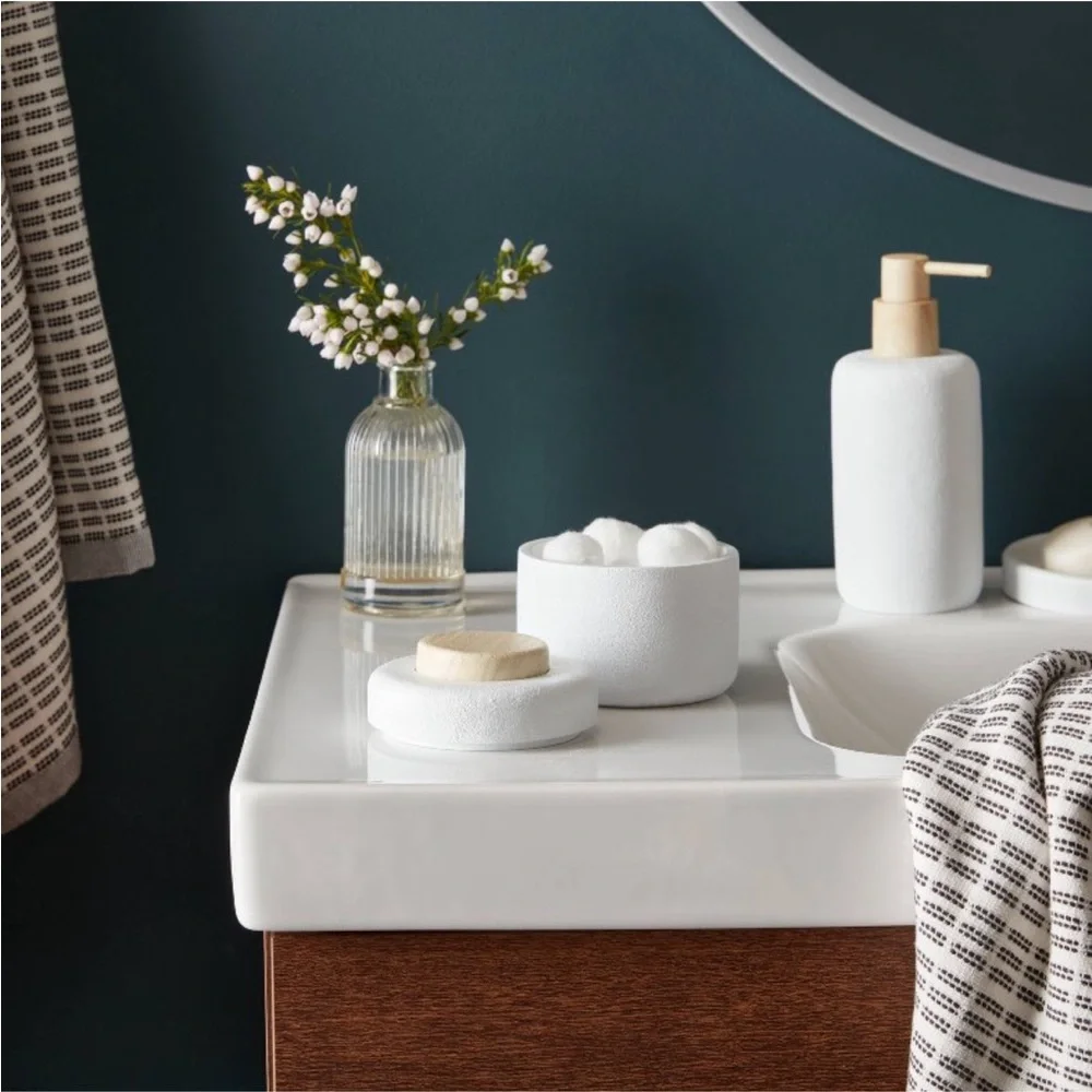 THRESHOLD NWT modern resin bath canister wood top -white